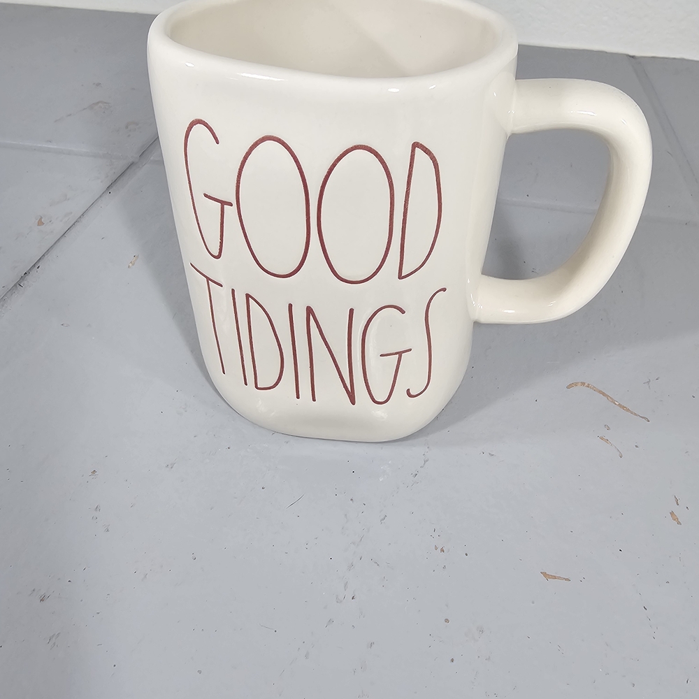 Good Tidings Cream Ceramic Mug with Red Lettering